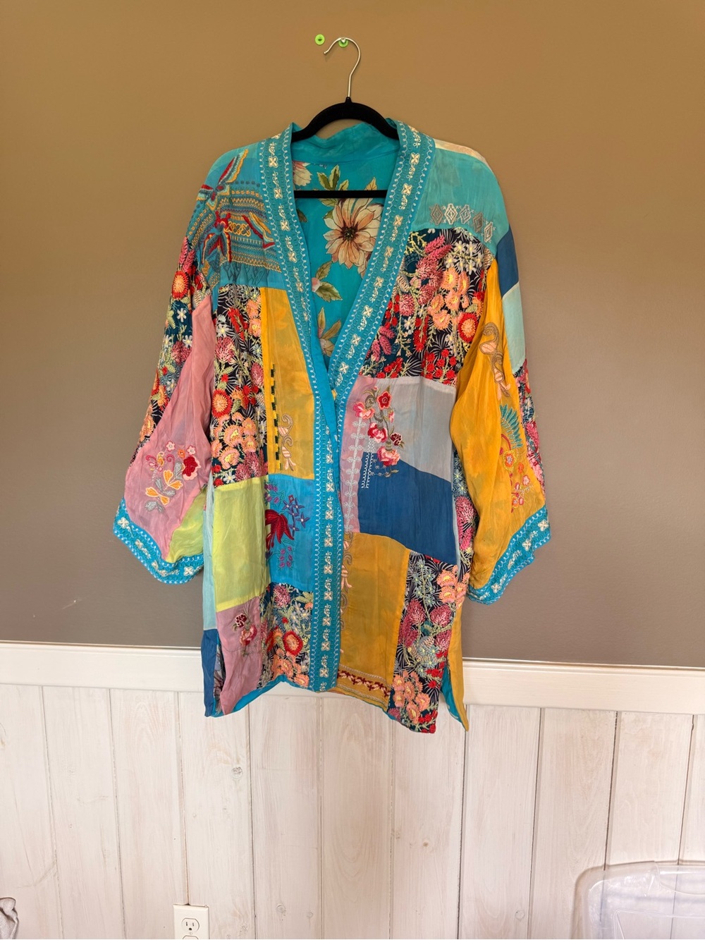 Johnny Was Multicolor Patchwork Kimono with Turquoise Trim